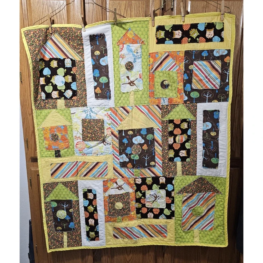 Handmade Baby Quilt Patchwork Owls Flowers Cotton Microfiber Back 48x40 Multi